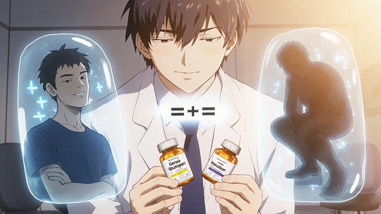 A doctor presenting two identical pill bottles while two spectral versions of a patient show contrasting emotional states, with glowing brain activity between them.