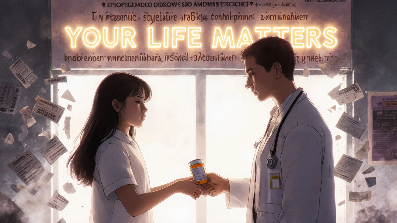 A girl hands a prescription to a translator as broken machine translations crumble into ash around them.