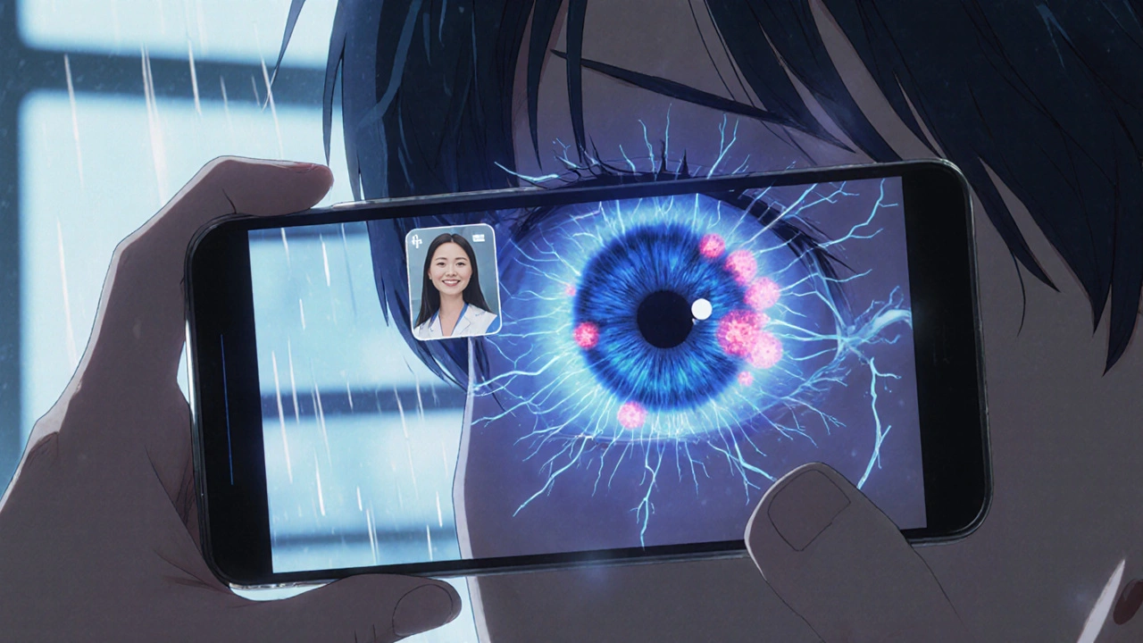 A handheld device scanning an eye, with AI markers highlighting retinal damage in glowing red.