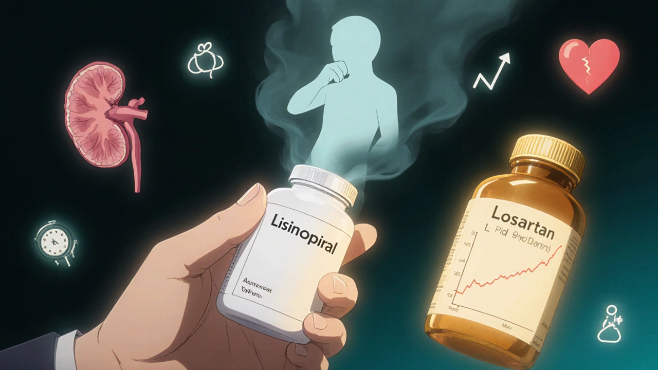 A lisinopril bottle releasing a ghostly cough silhouette, while losartan glows harmlessly beside it.