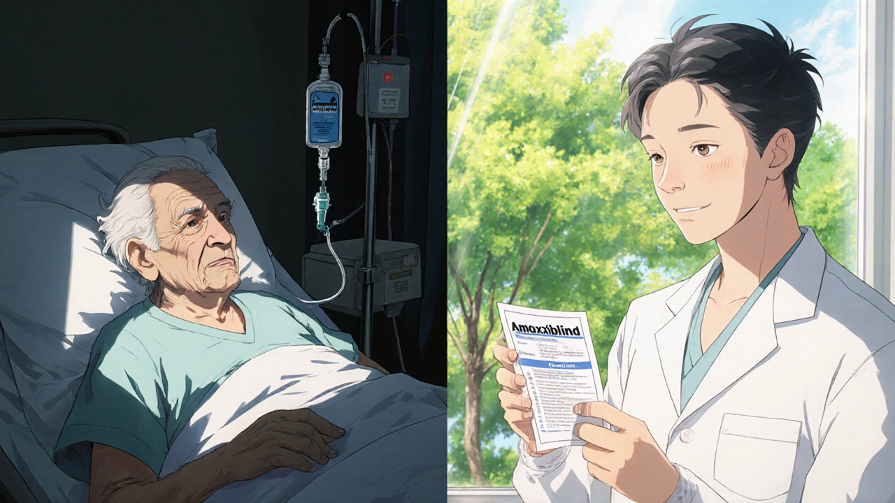 A patient transitioning from receiving a harsh antibiotic to smiling with a simple amoxicillin prescription, sunlight symbolizing freedom.