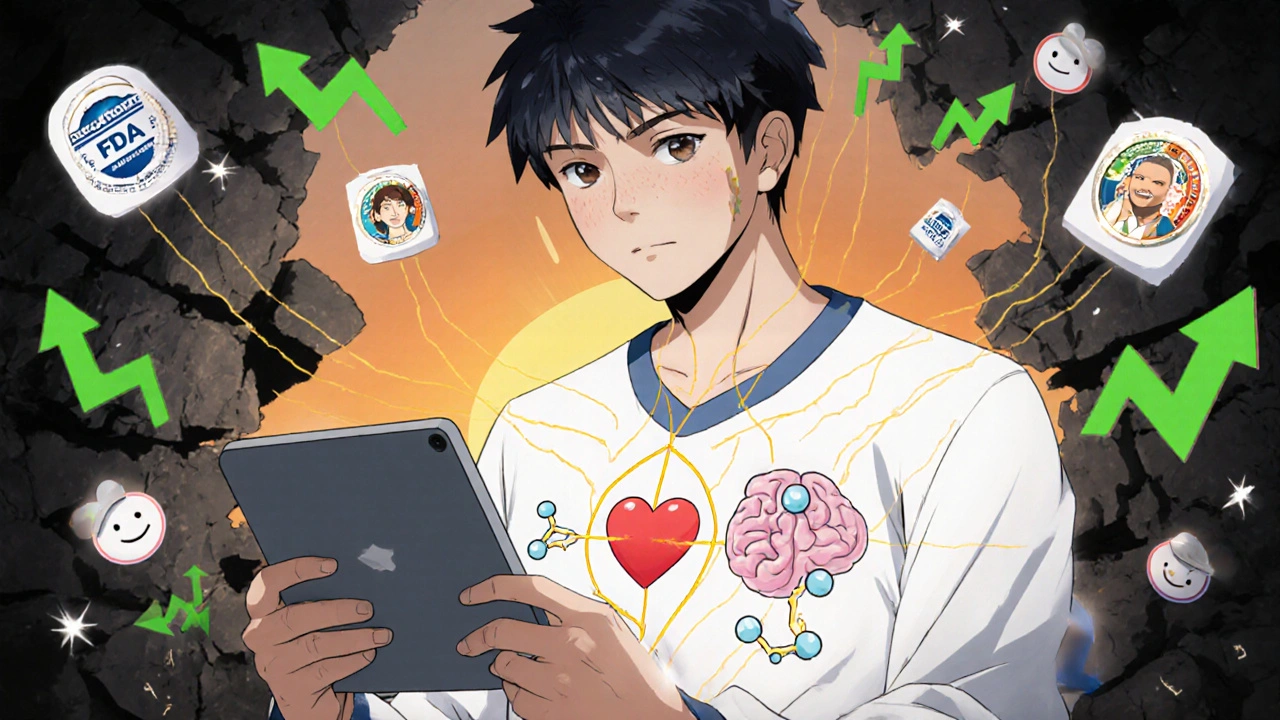 A patient watching an educational video as golden threads of trust connect their heart and brain, dissolving dark clouds of doubt with warm light.