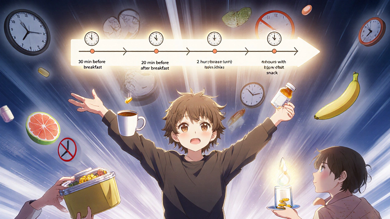 A person overwhelmed by multiple medications and food timing rules, with glowing time windows and warning symbols floating around them.