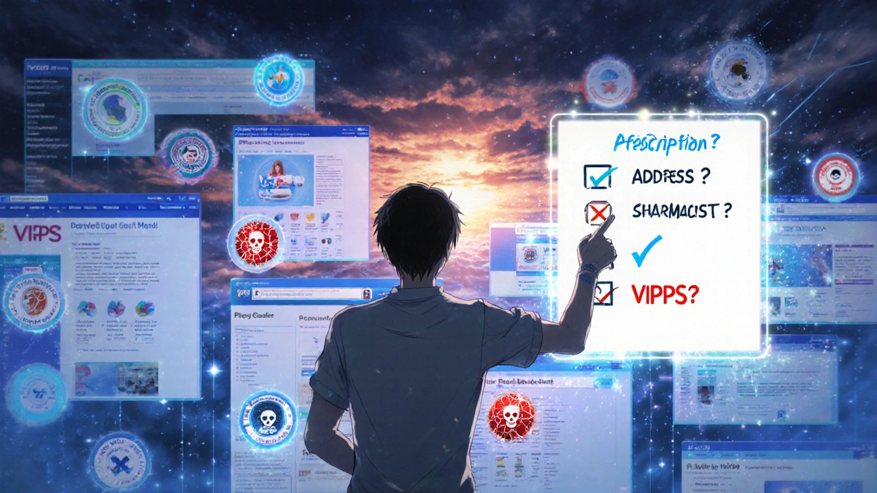 A person standing before a wall of websites, selecting a verified pharmacy as a glowing checklist confirms safety.