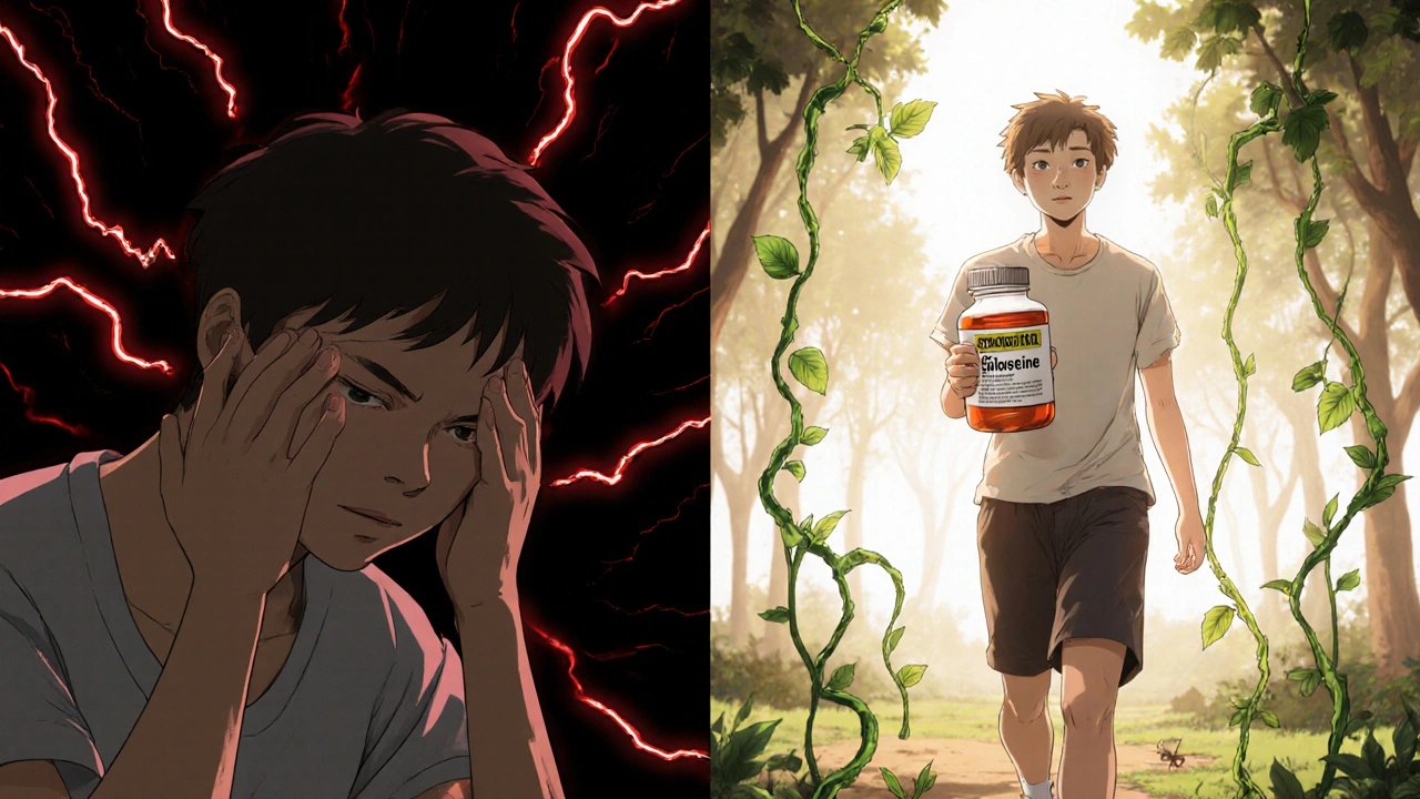 A person walking in a park with a generic duloxetine bottle, surrounded by symbols of therapy and natural healing.