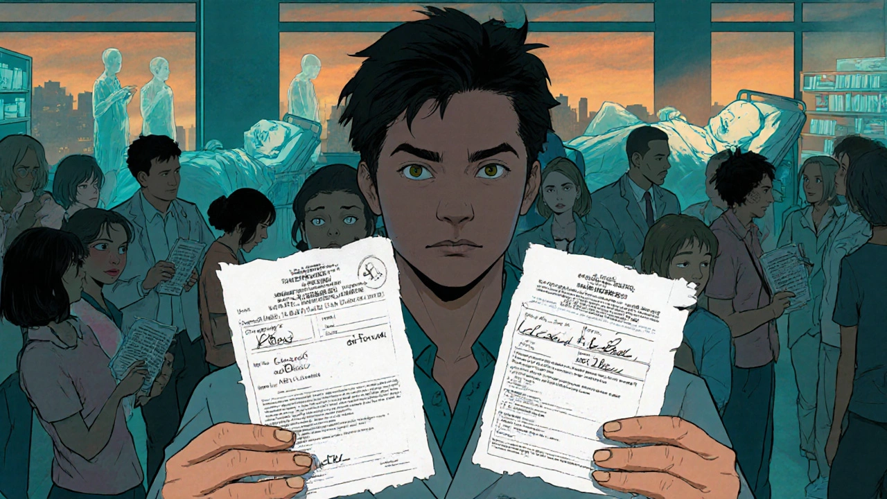 A pharmacist compares two prescription labels in a pharmacy, with ghostly hospital beds visible in the background.