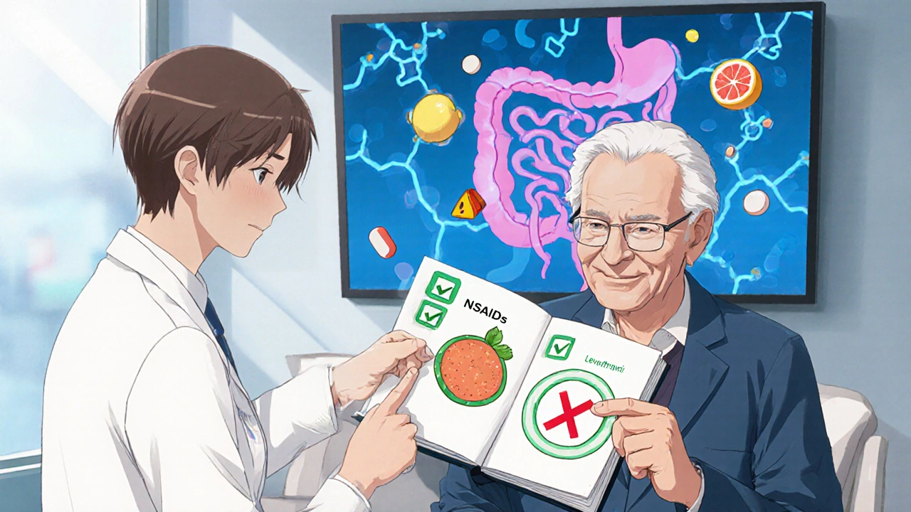 A pharmacist gives a patient a visual notebook with food icons for medication instructions in a clinic setting.