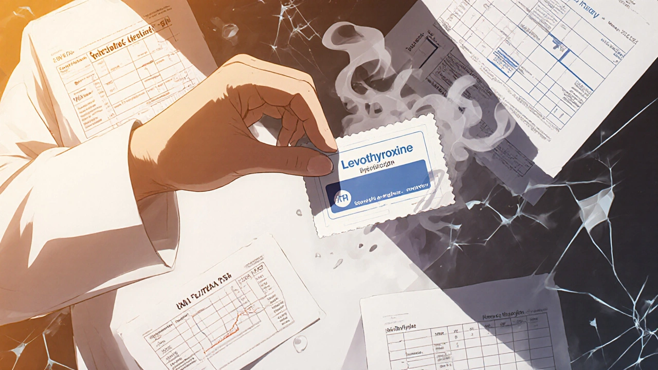 A pharmacist seals a non-substitutable levothyroxine prescription as a generic version fades into smoke.