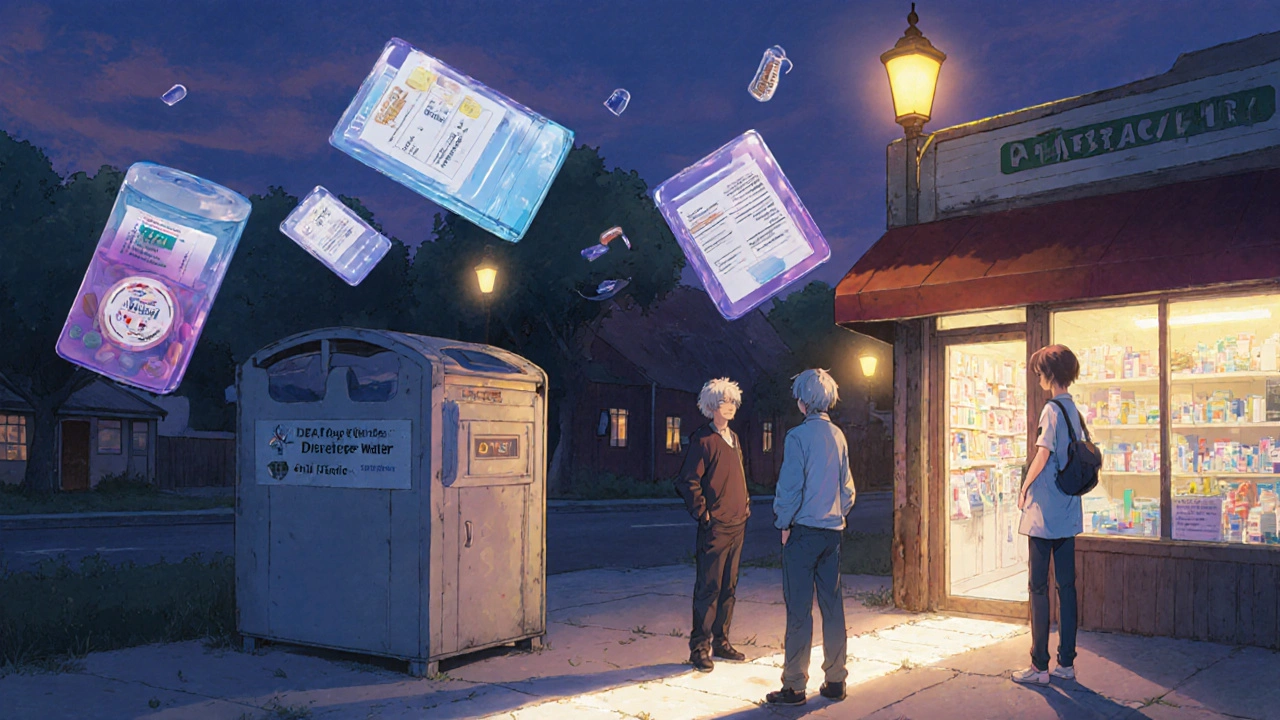 Community members using pharmacy take-back bin under dusk lighting