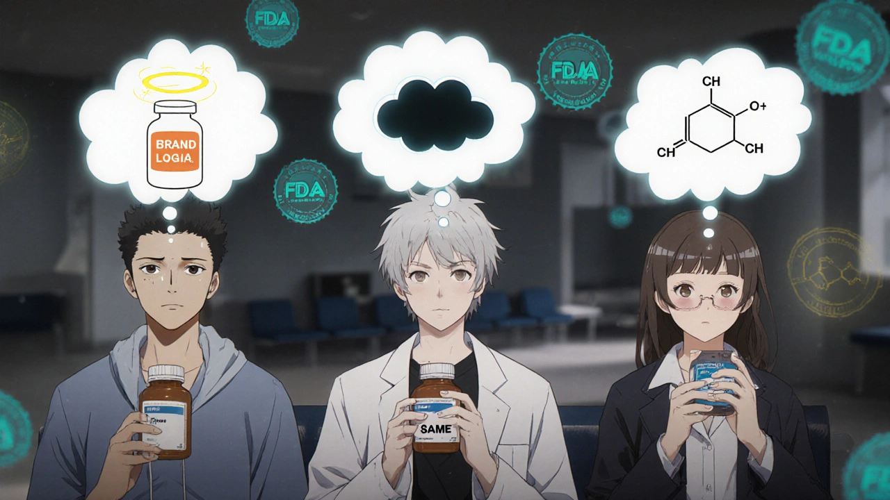 Diverse patients in a clinic holding pill bottles, with glowing thought bubbles showing brand vs generic perceptions.