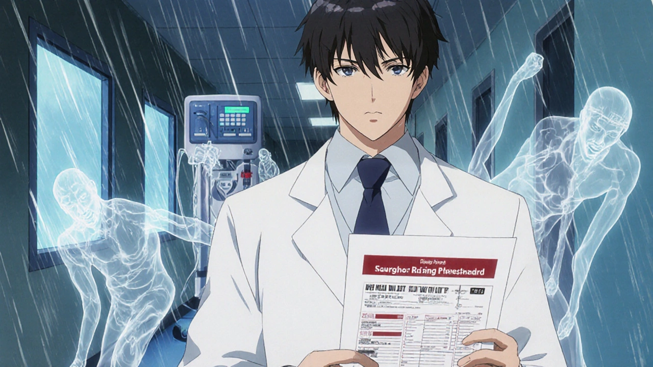 Doctor holding a blood test with rising potassium levels, ghostly patients collapsing behind them in a hospital hallway.