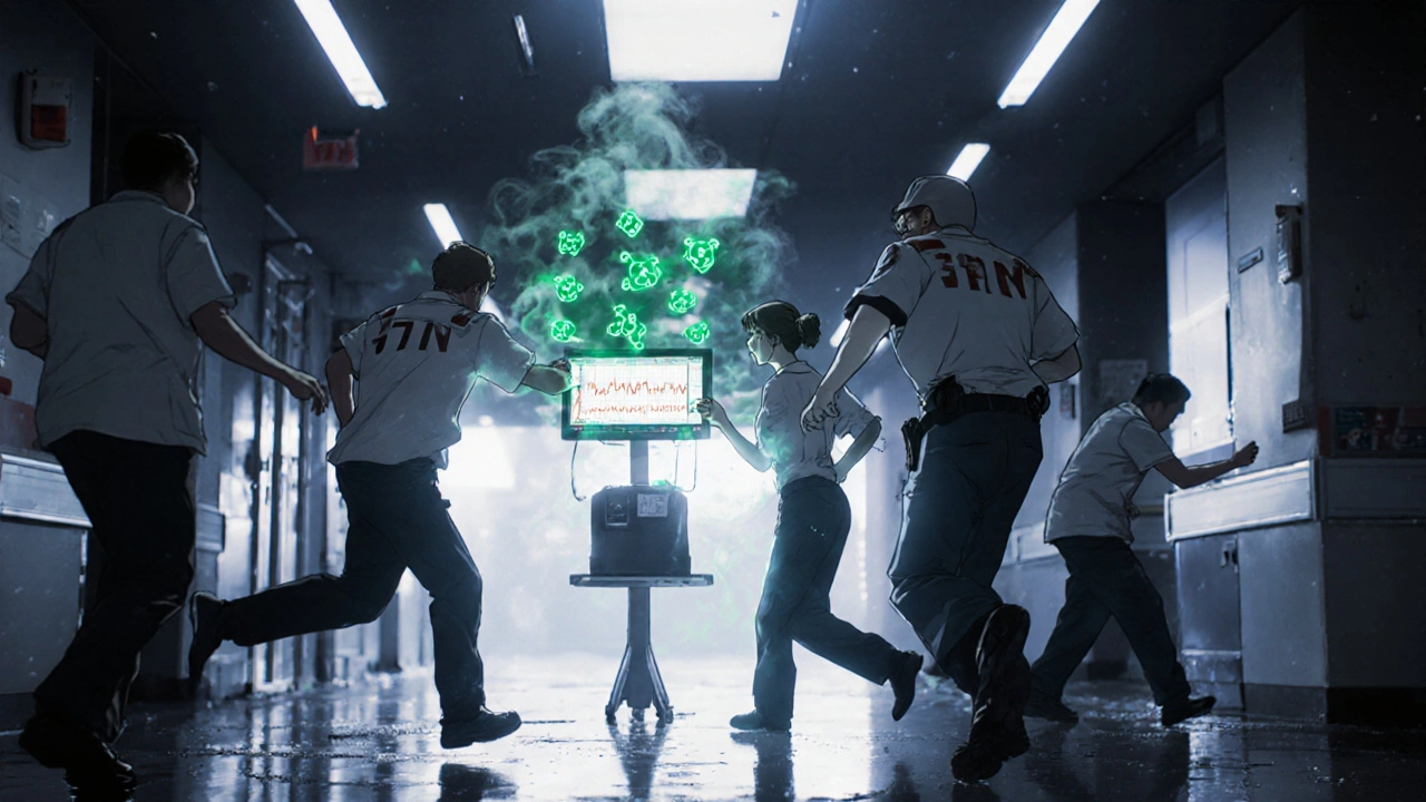 Emergency staff administering naloxone as a capnography monitor shows a flatline waveform in a dim hospital room.