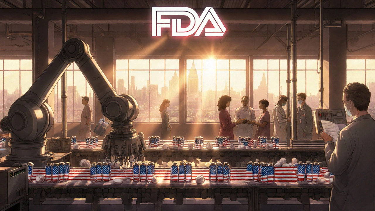 Generic drug production line in a U.S. factory with patients receiving prescriptions in the background.