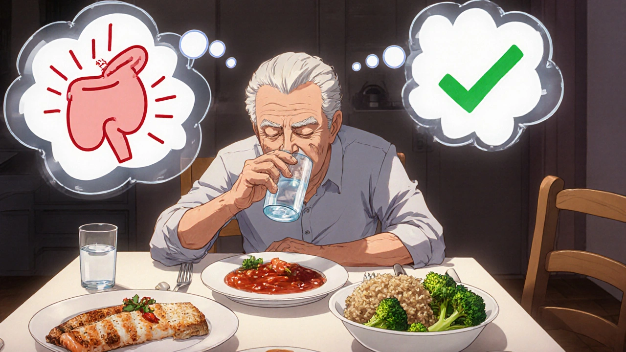 Man enjoying a bland dinner, avoiding spicy salsa and tomato sauce, drinking water with relief.