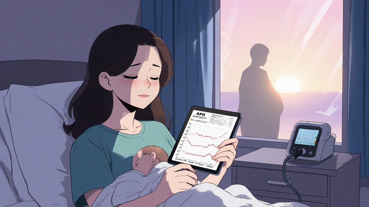 New mother reviewing postpartum sleep study as faint apnea shadow lingers behind her.