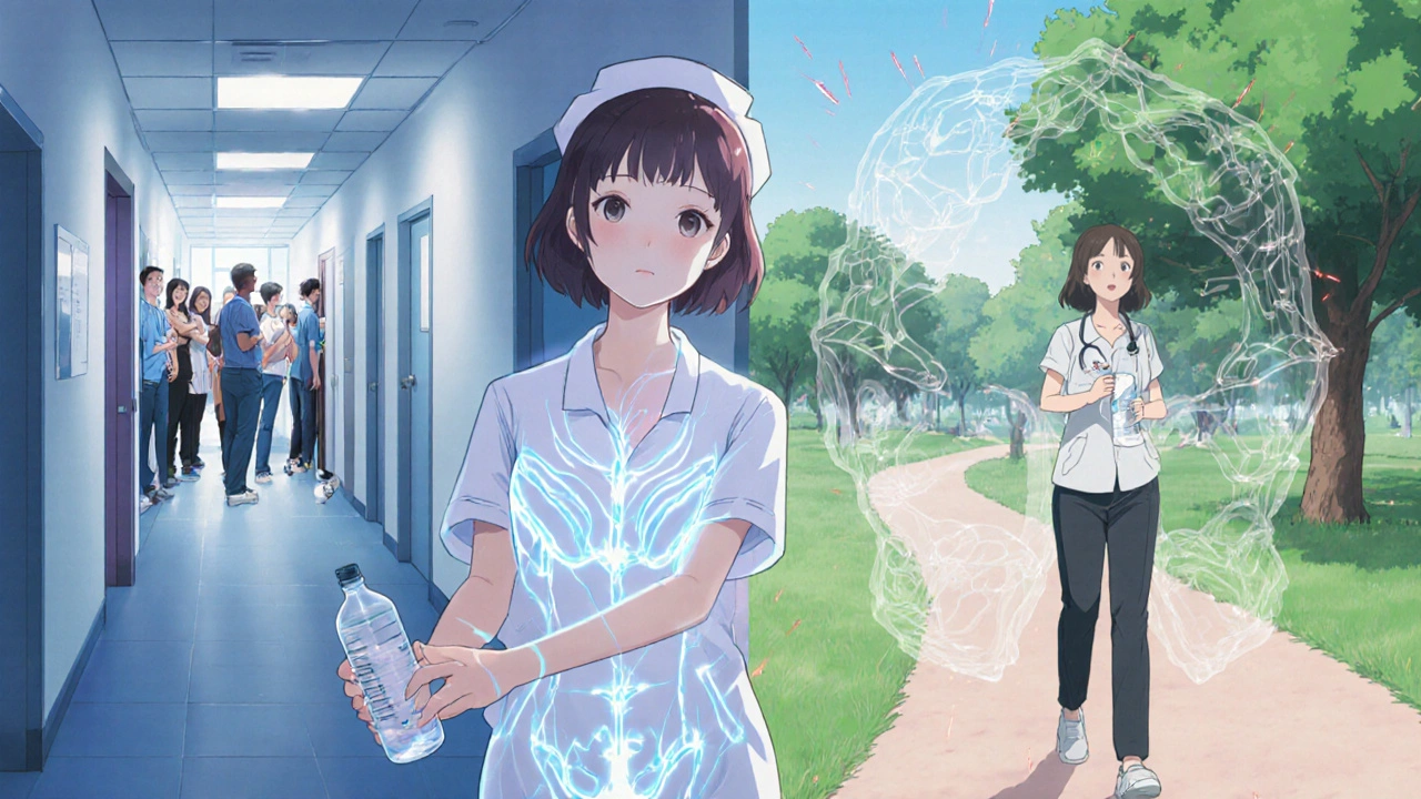 Nurse doing Kegel exercises, glowing pelvic energy lines, calm park scene behind chaotic bathroom line.