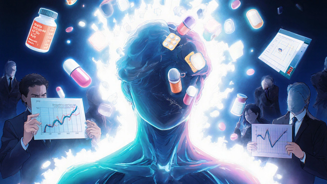 Patient&#039;s body transforms from unstable to stable energy as they switch to authorized generic, with medical symbols stabilizing around them.