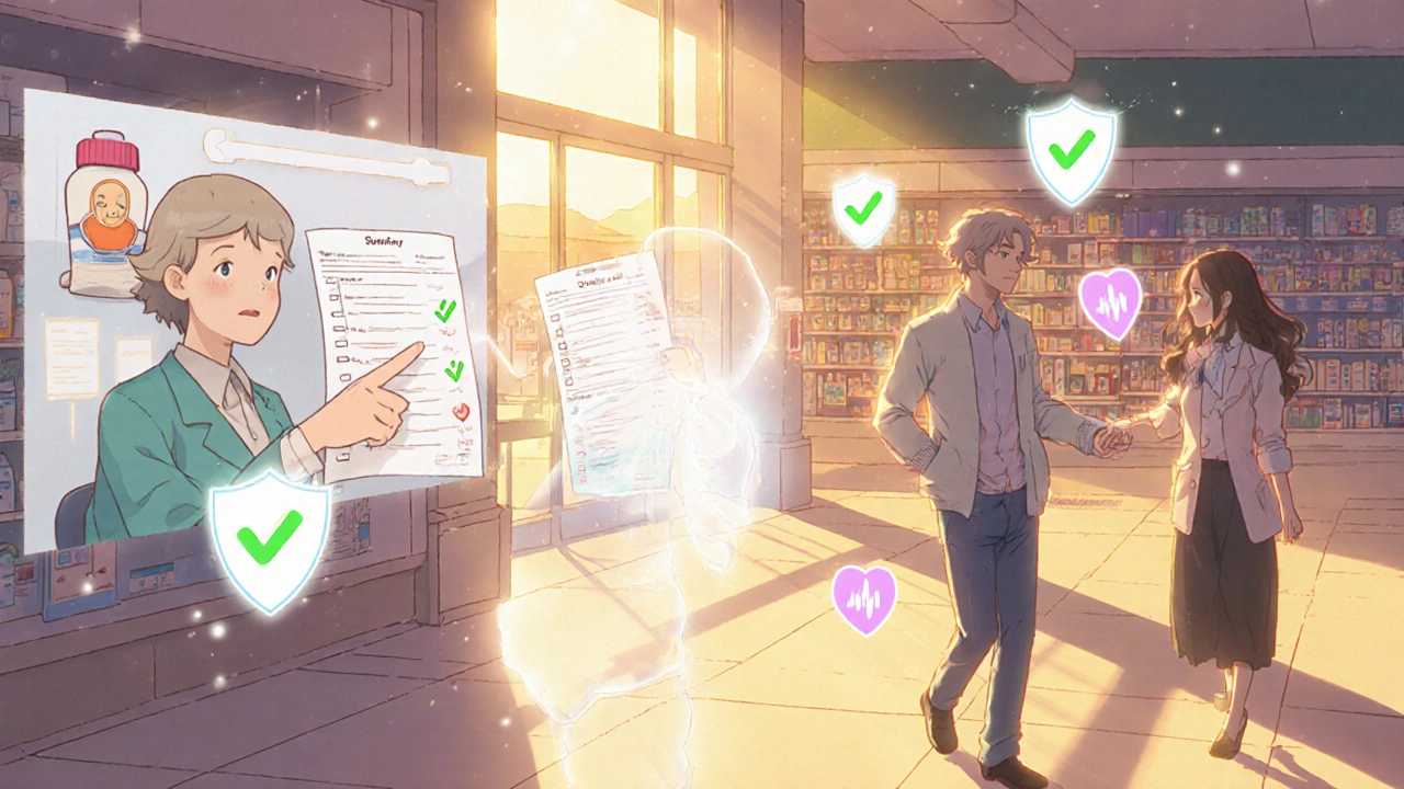 Patient handing medication review summary to doctor, with ghostly overlay of prior telehealth consultation.