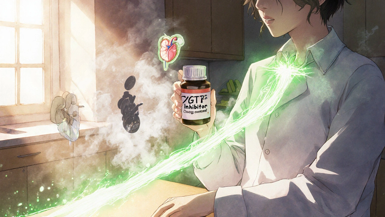 Patient holding a new medication bottle as a glowing path leads to healthy organs, while old pills fade into smoke.