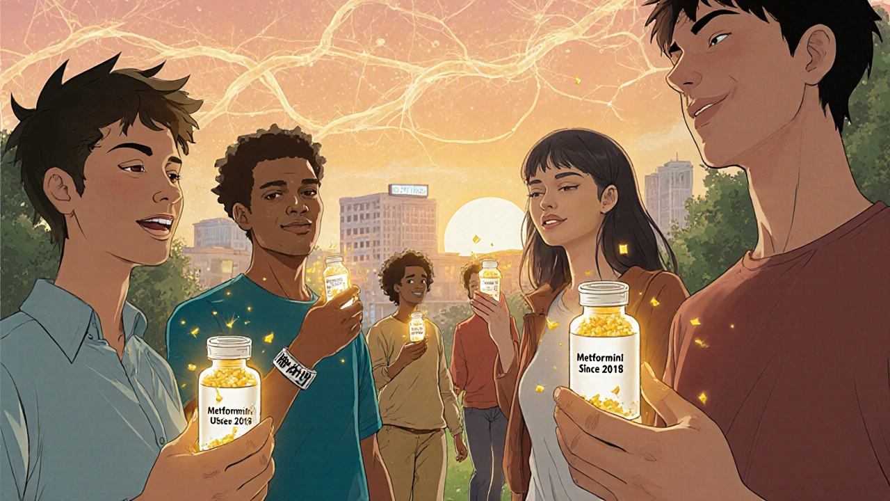 People with B12 supplements in a park, golden particles symbolizing nerve health and longevity.