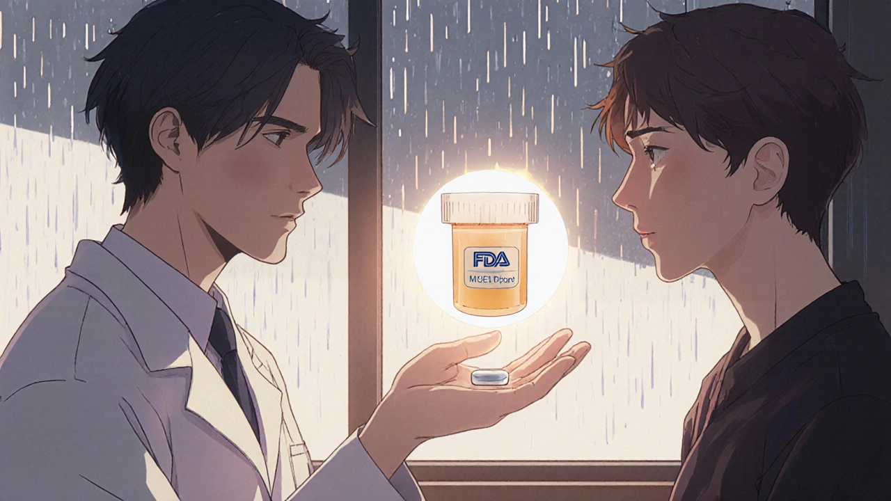 Pharmacist handing a generic pill to a patient as a brand-name drug dissolves into it with an FDA seal above.