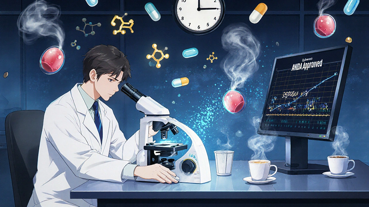Scientists in a lab analyze drug absorption with glowing molecular structures and review timelines.