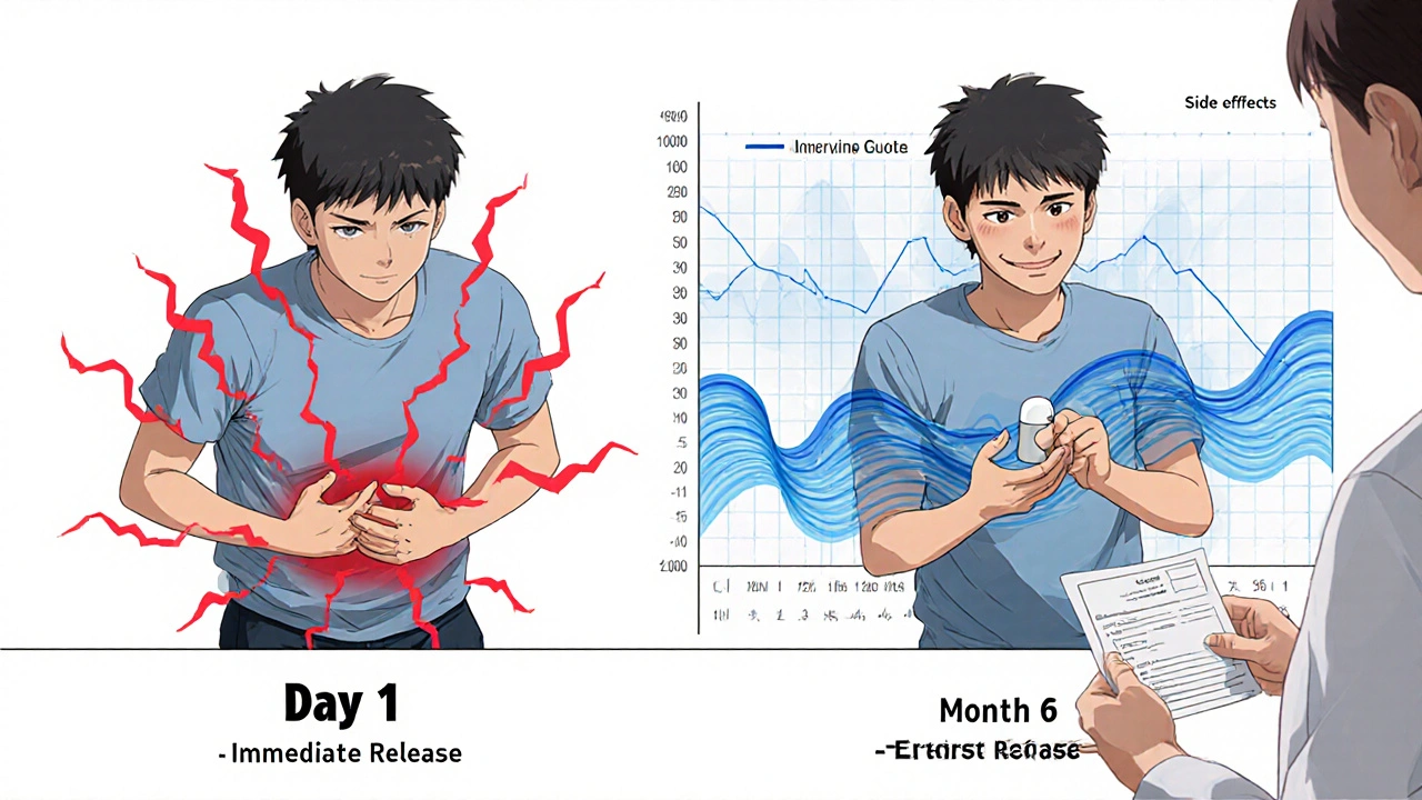 Side-by-side comparison of metformin side effects improving from day one to six months later.