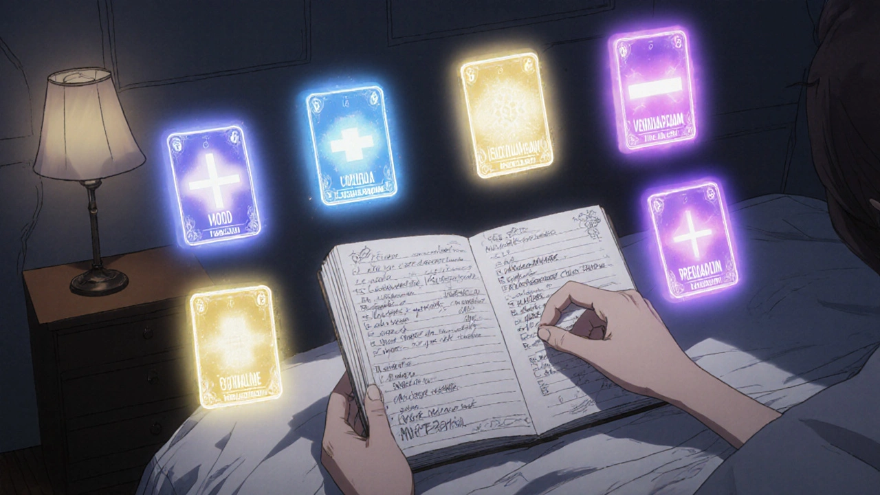 Six medication cards floating above a symptom journal, each glowing with a different color representing their effects.