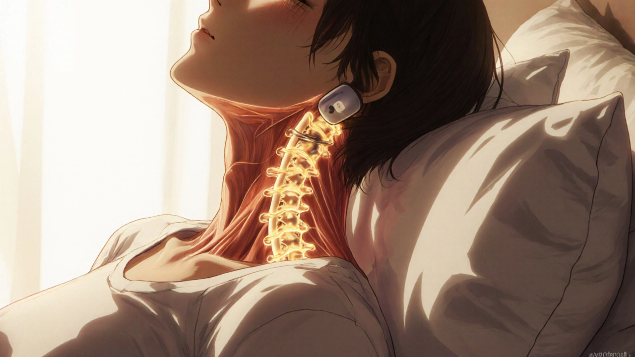 Someone performing a chin tuck with golden energy around their neck, a posture wearable glowing softly.