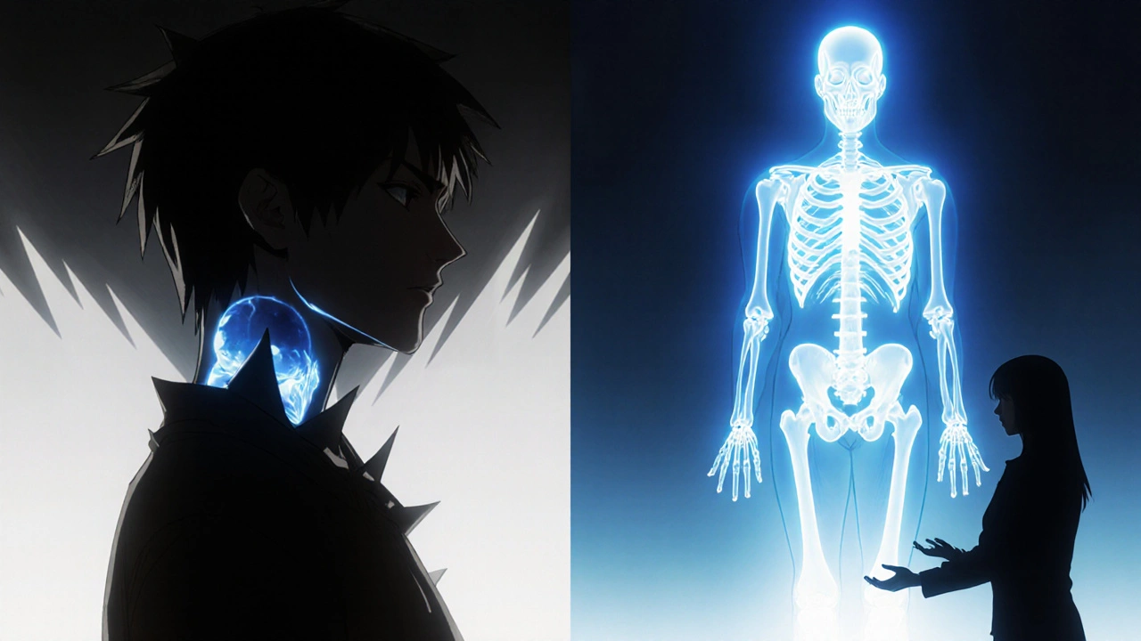 Split image: slumped figure vs. upright figure with glowing muscles, symbolizing recovery through posture.