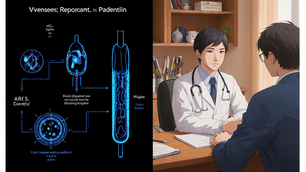 Split medical diagram showing ACE inhibitor vs ARB mechanisms with glowing blood vessels.