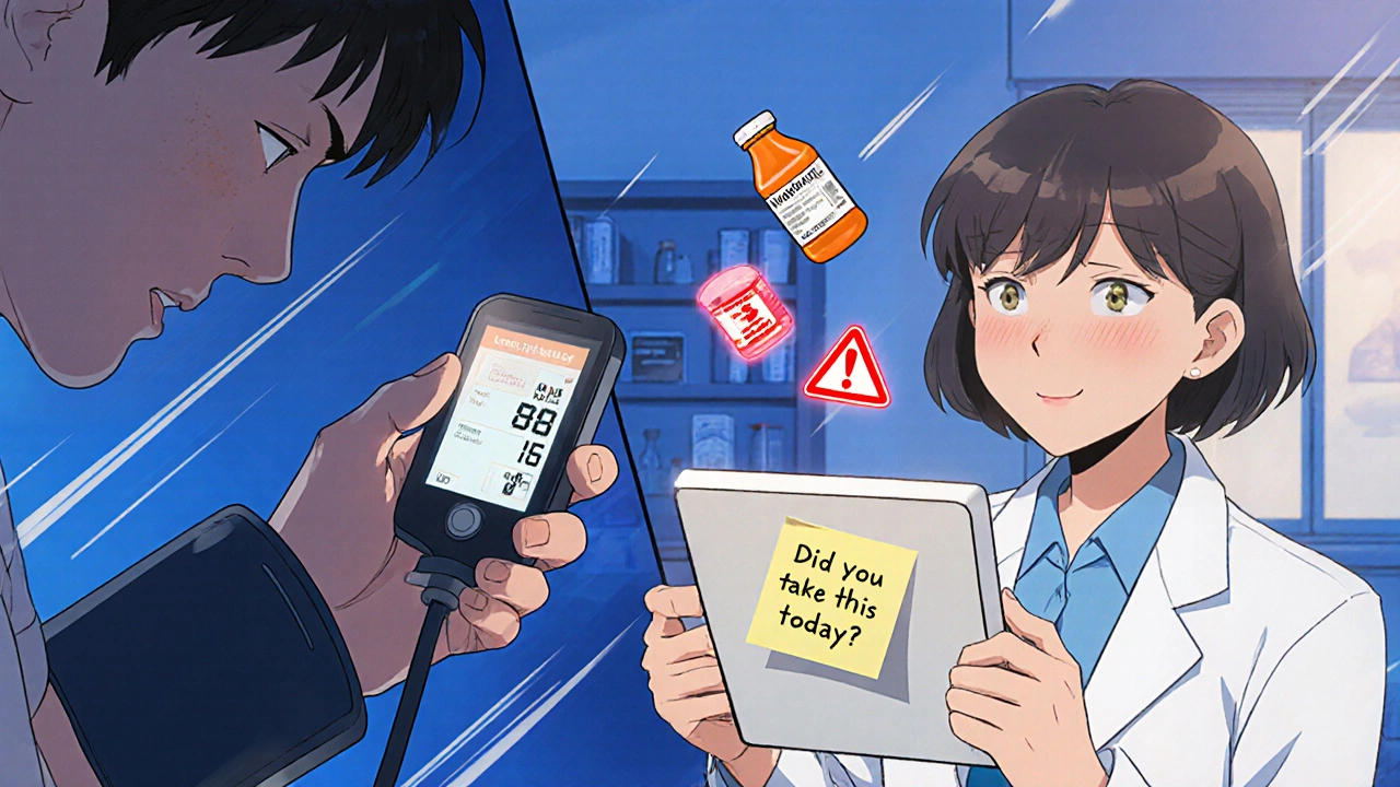Split-screen scene of patient holding blood pressure monitor and pharmacist reacting to drug interaction warnings.