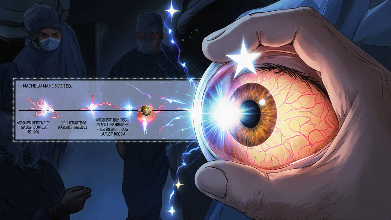 Surgical scene showing laser treatment and glowing injections preserving vision in a diabetic eye.
