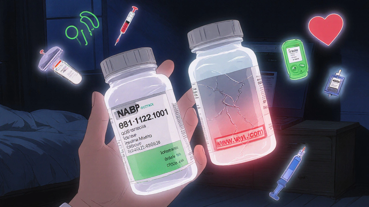 Two identical pill bottles side by side—one with a verified VIPPS seal, the other cracked and fake, surrounded by medical icons.