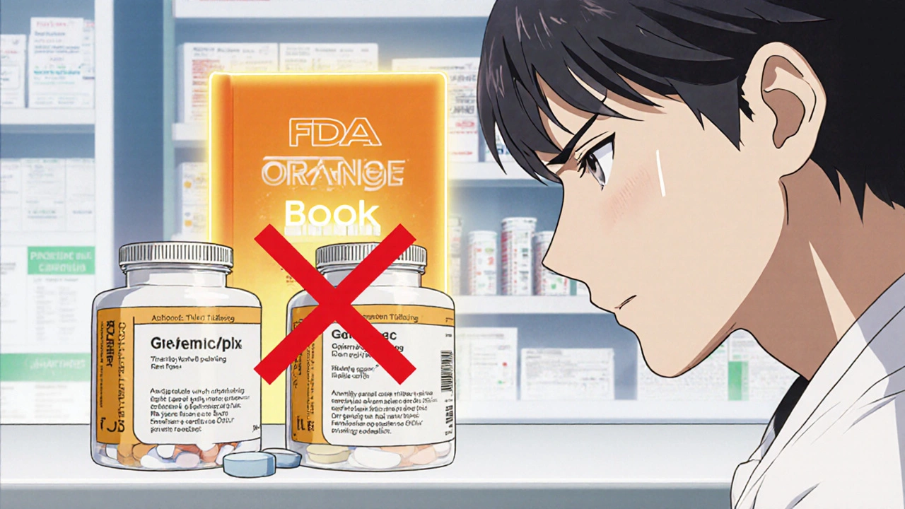 Two pill bottles side by side: one generic with inconsistent pills, one authorized with perfect match to brand, FDA Orange Book with X over it.