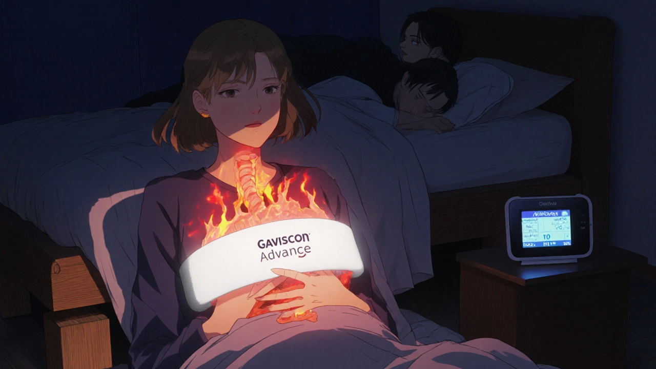 Woman in bed with reflux flames blocked by a protective foam barrier, elevated by wedges.