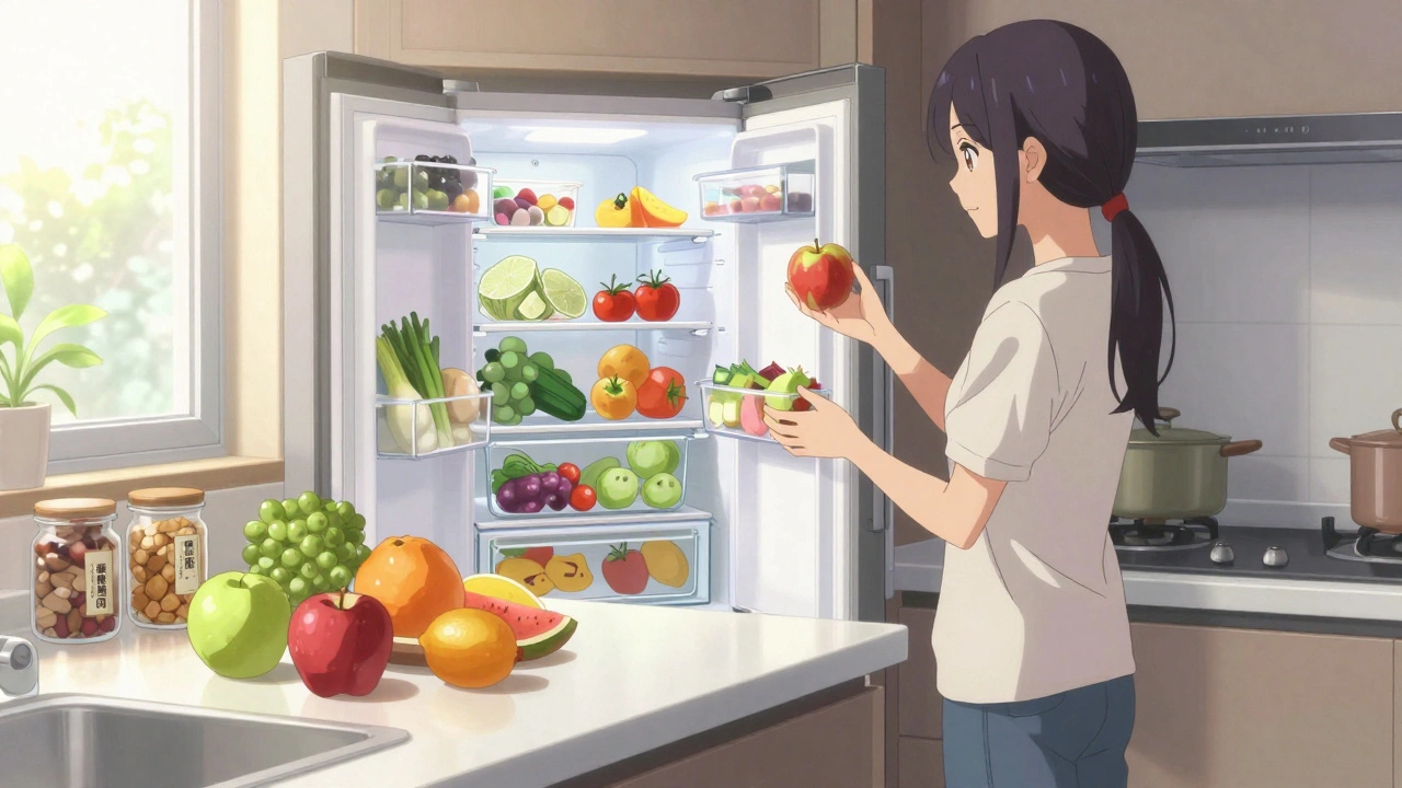 A clean, organized kitchen with fresh fruits and veggies prominently displayed in clear containers under morning sunlight.