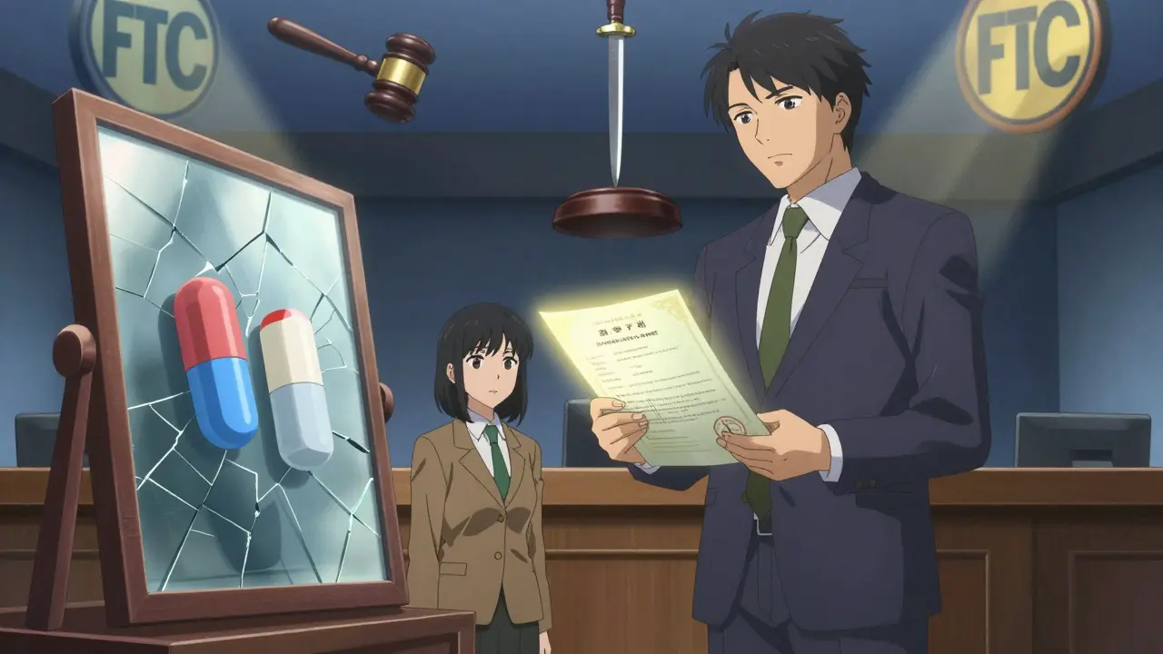 A corporate executive holds a patent document in court, while two identical pills float in a cracked mirror, FTC insignias looming behind.