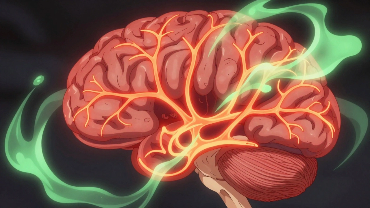 A cross-sectional view of a brain showing rewiring neural activity between the missing limb area and surrounding regions.