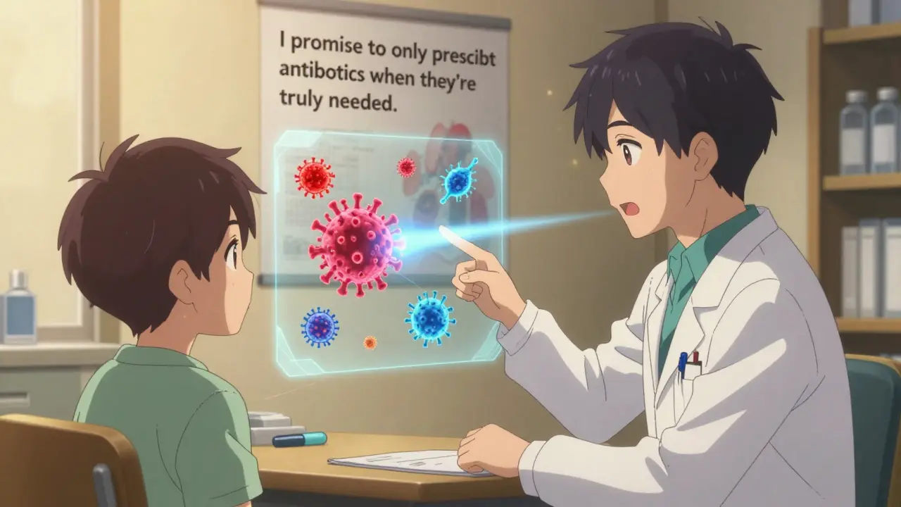 A doctor and patient discussing viral vs. bacterial infection using a holographic display in a clinic