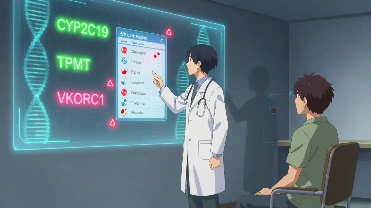 A doctor and pharmacist analyzing a digital genome map with warning icons over medications.