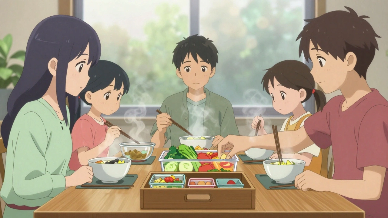 A family eating together at a table without devices, enjoying prepared meals in glass containers, peaceful atmosphere.