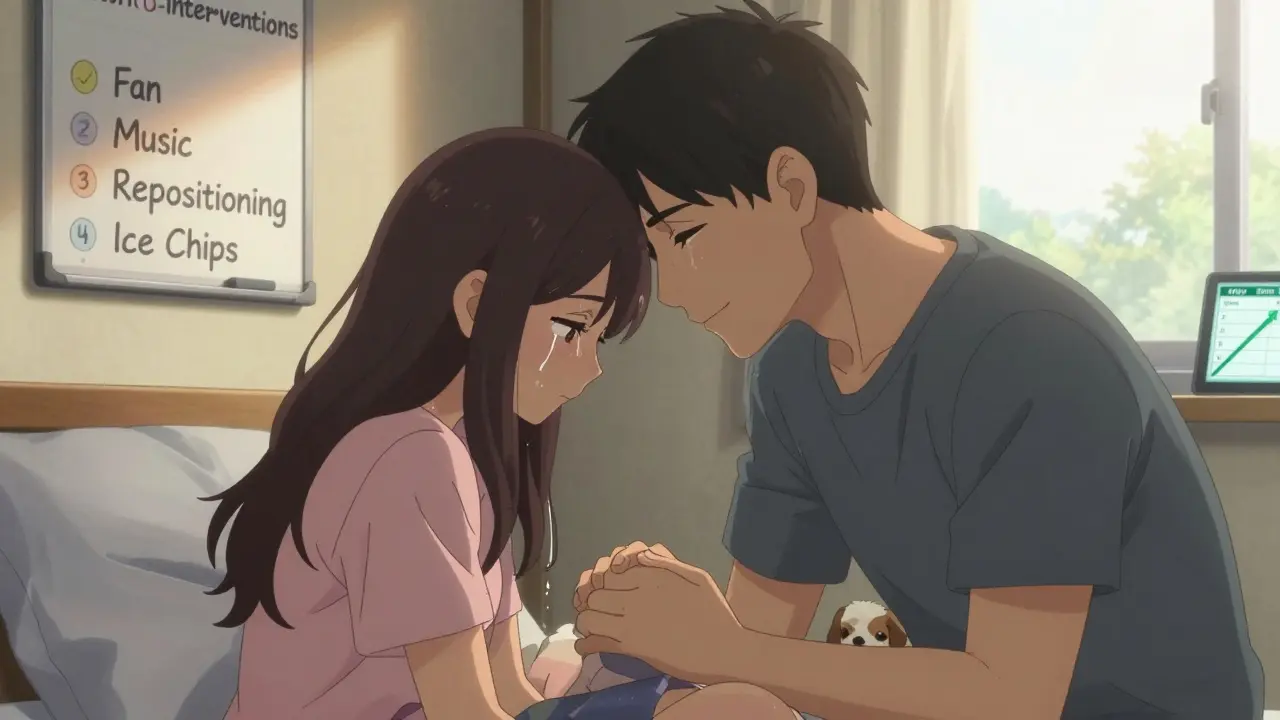 A family shares a quiet, emotional moment with a loved one, surrounded by non-drug comfort tools and a digital pain log.