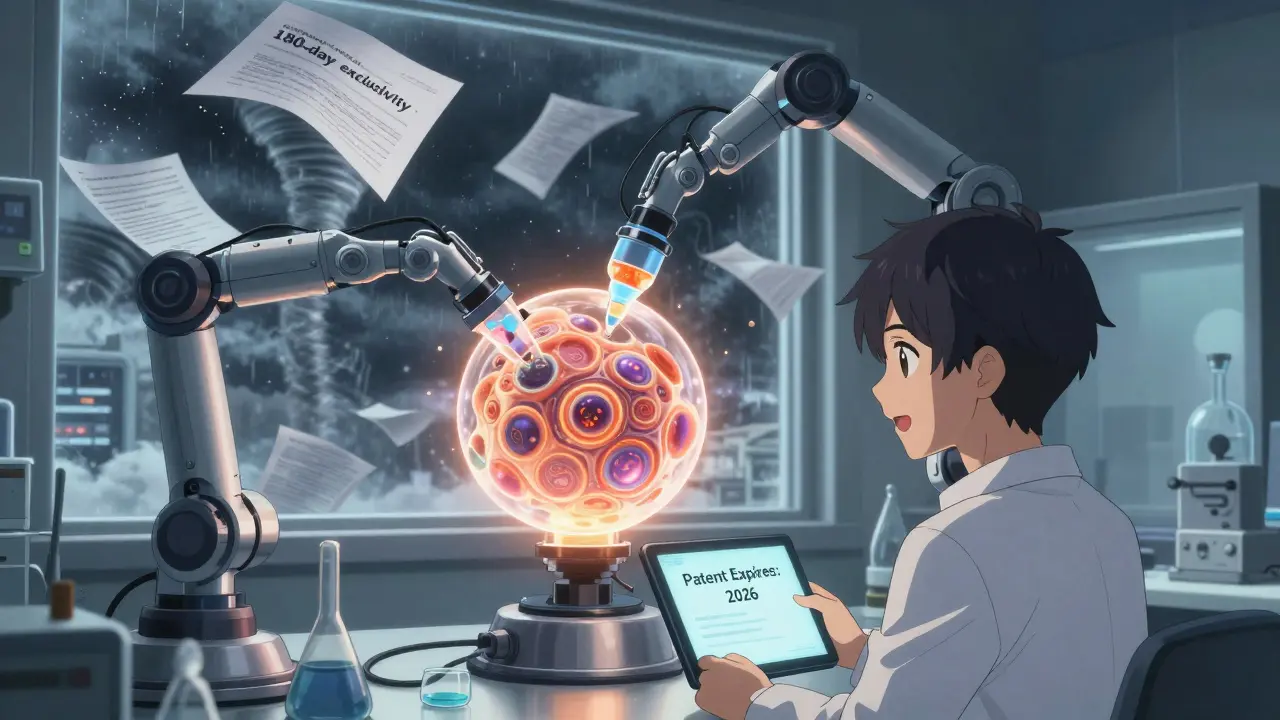 A glowing biologic drug being cloned in a lab, surrounded by swirling patent filings, as a scientist watches an expiration date on a tablet.