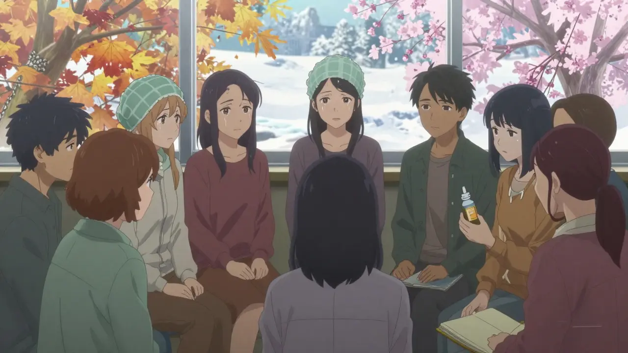 A group of people in a supportive circle, some wearing cooling caps, as seasons change behind them.