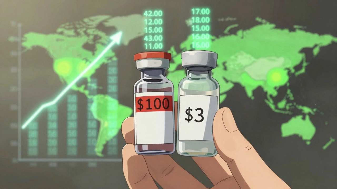 A hand holding two insulin vials — one expensive, one cheap — with global spending data and production hubs glowing around them.