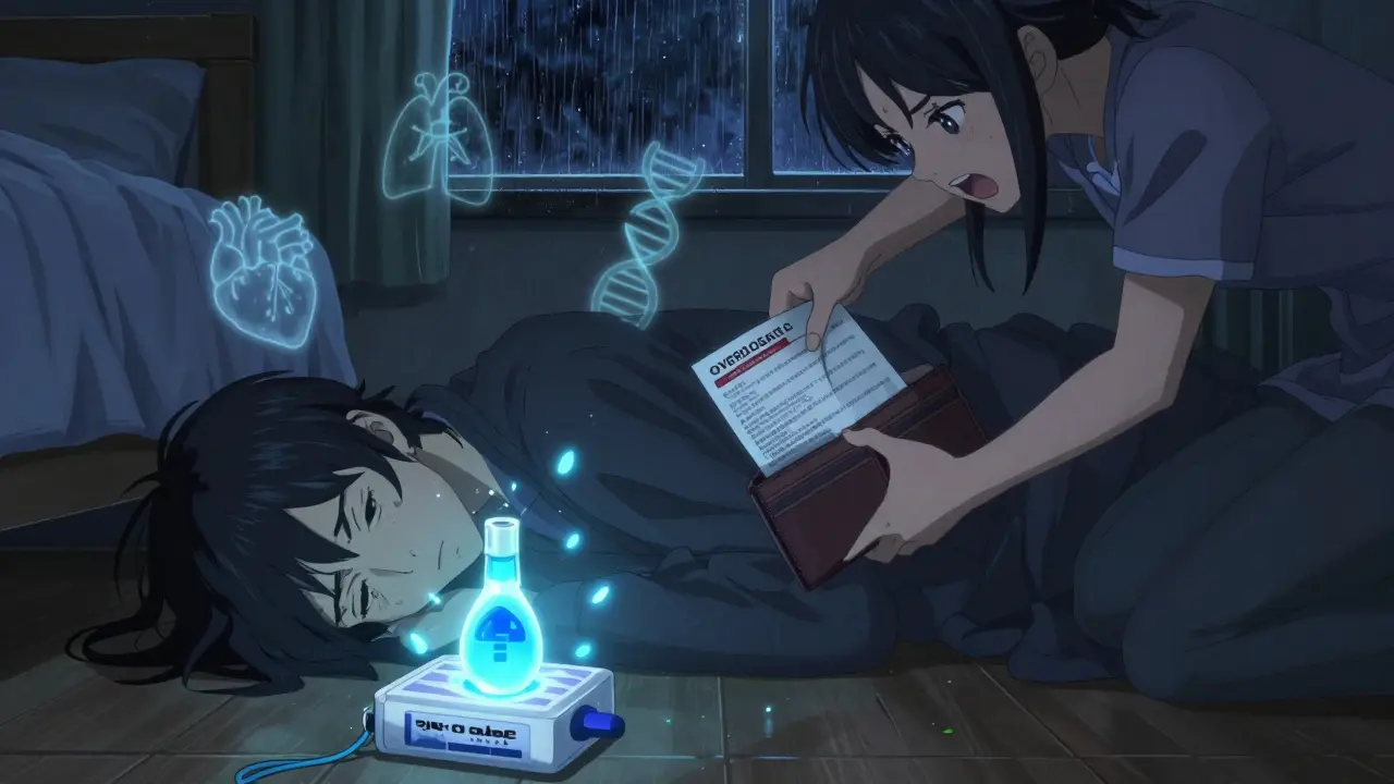 A loved one administering naloxone to someone collapsed, with a printed overdose guide glowing in their hand.