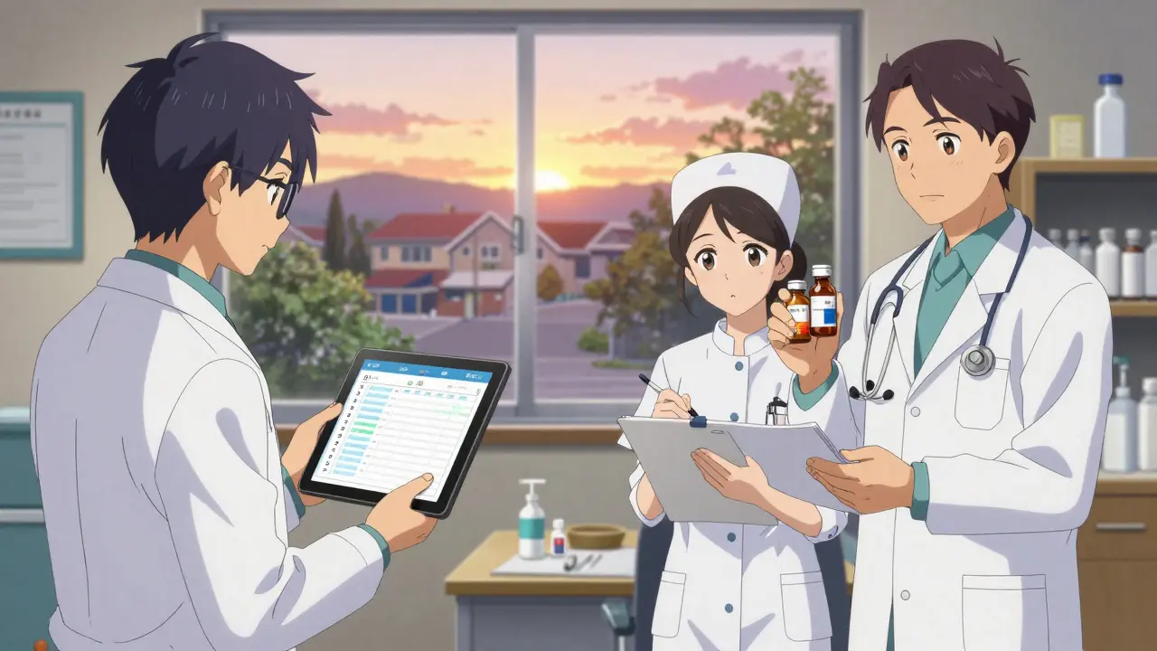 A palliative care team reviewing symptom charts and medications, emphasizing precise treatment over overmedication.