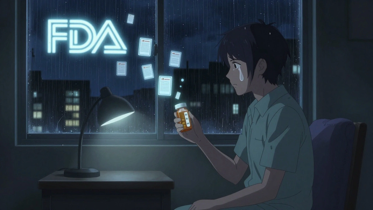 A patient at home with a pill bottle, their past self fading away as report icons rise toward the FDA logo.