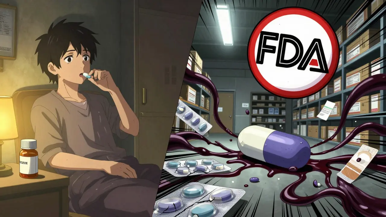 A patient taking medicine safely on one side, while contaminated pills and supply chain chaos dominate the other.